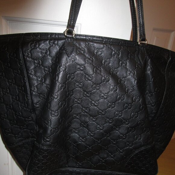 GUCCI Italy Black Leather Logo Tote Style Double Handle Handbag Style # 323671 - Picture 6 of 16